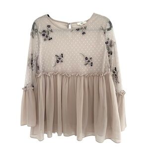 ENTRO Dusty Blush Pansy Floral Embroidered Baby Doll Top Women's Size Medium